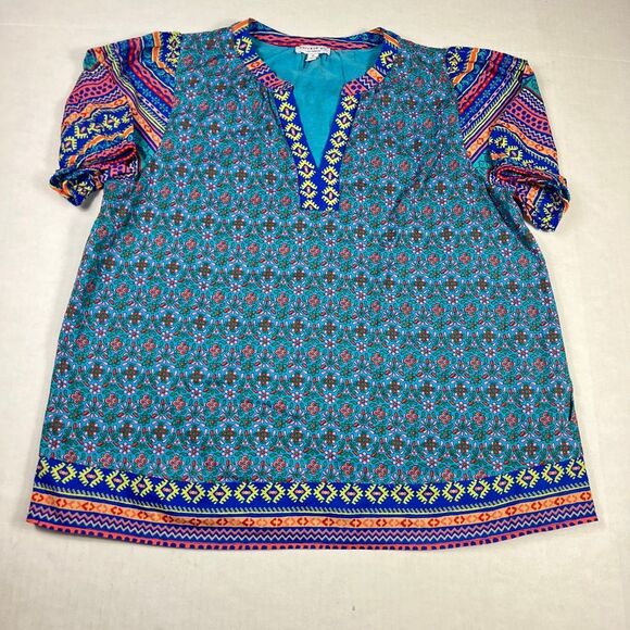 Current Air Floral Tribal Print Shirt Puff Short Sleeve Boho Vibrant Top MEDIUM - Picture 1 of 11